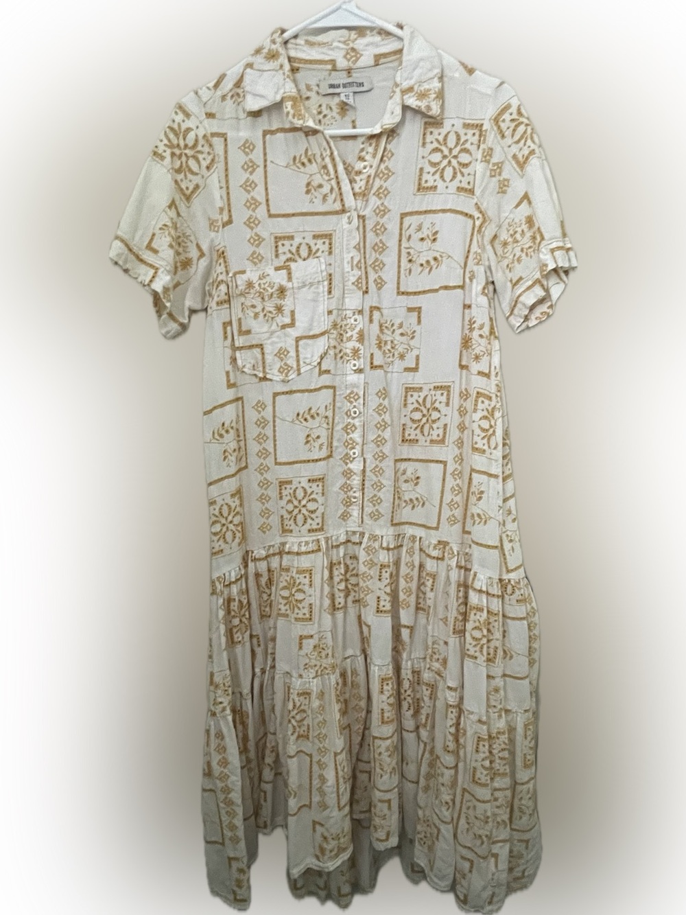 Urban Outfitters Cream and Gold Printed Tiered Button-Front Dress
